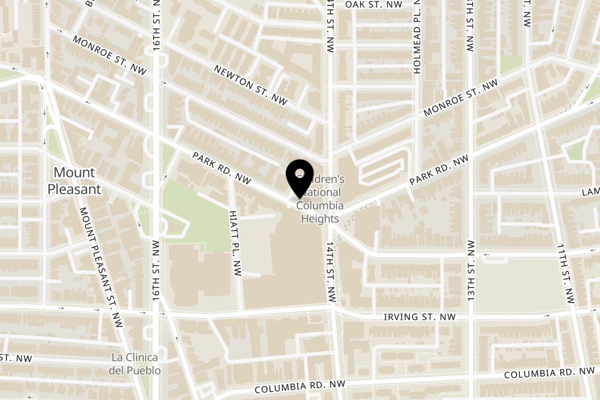 Map showing the location of Bombay Street Foods Park Road on 1413 Park Rd NW in Washington